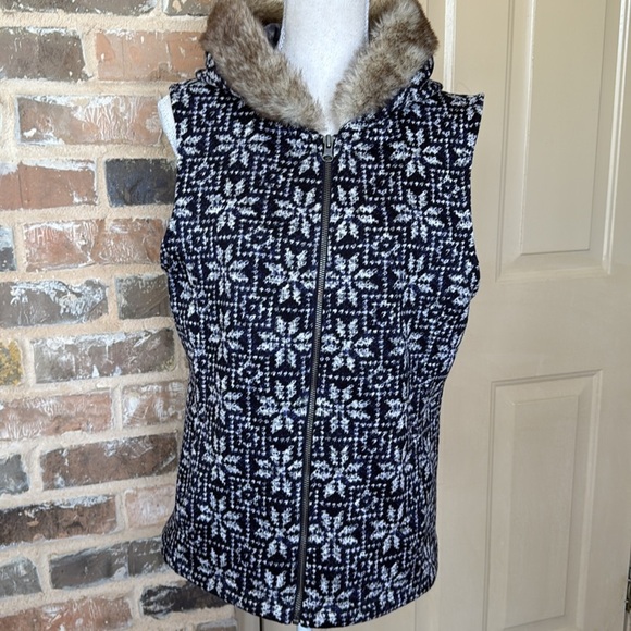 Talbots Navy Blue Nordic Fair Isle Snowflake Sweater Vest Fur Trim Hood Zip Up - Picture 3 of 13